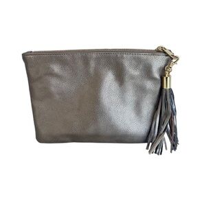 Merona Women’s Y2K Metallic Pewter Tassel Clutch faux leather Wristlet Zip Bag